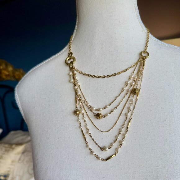 Gold Tone and Pearl Multi Strand 1928 Necklace - Picture 4 of 11